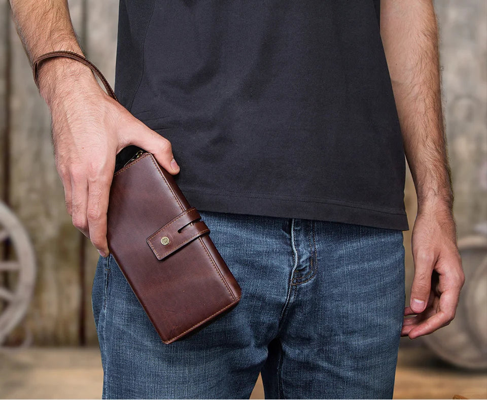 Herren Echtleder Clutch Lange Vintage Geldbörse Reißverschluss Kartenhalter Münzfach