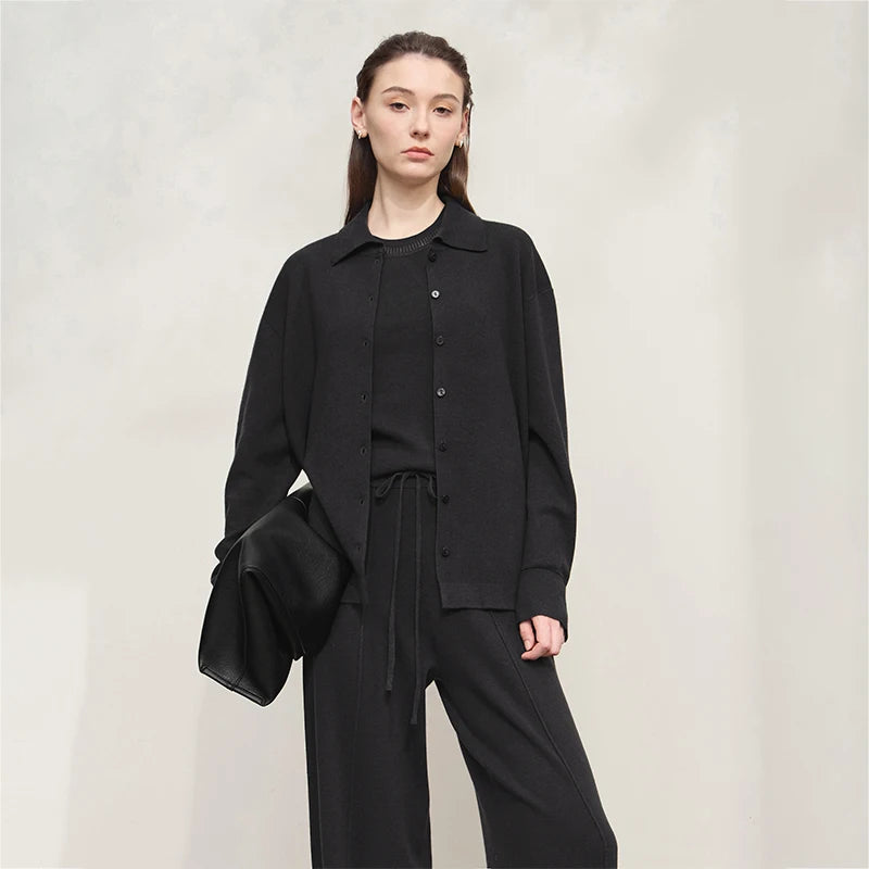 Damen-Strickjacke lang Seide-Wolle Umlegekragen locker Herbst