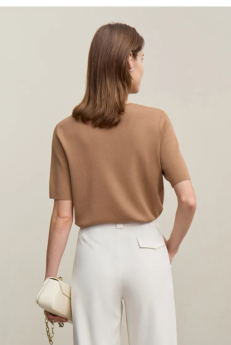 Kurzärmeliger Strickpullover mit halber Knopfleiste, braunmeliert, Rückansicht