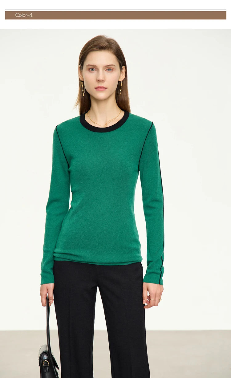Damen-Rundhalspullover Patchwork Slim Wolle-Mix Herbst-Winter