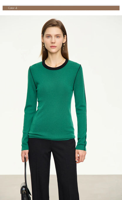 Damen-Rundhalspullover Patchwork Slim Wolle-Mix Herbst-Winter
