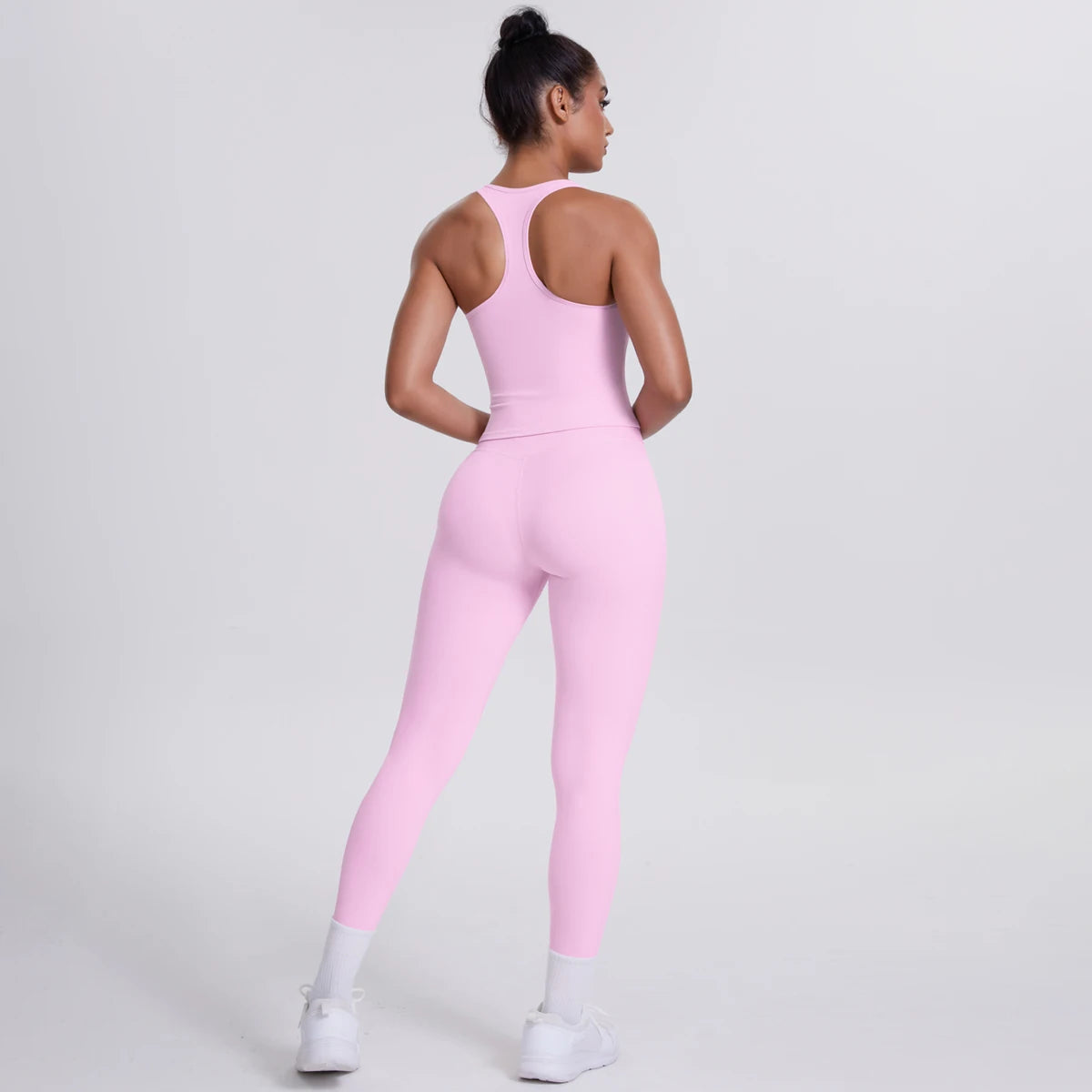 Damen Yoga-Set mit Trägertop und Leggings, einfarbig rosa, Rückansicht