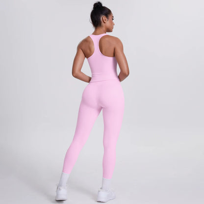 Damen Yoga-Set mit Trägertop und Leggings, einfarbig rosa, Rückansicht