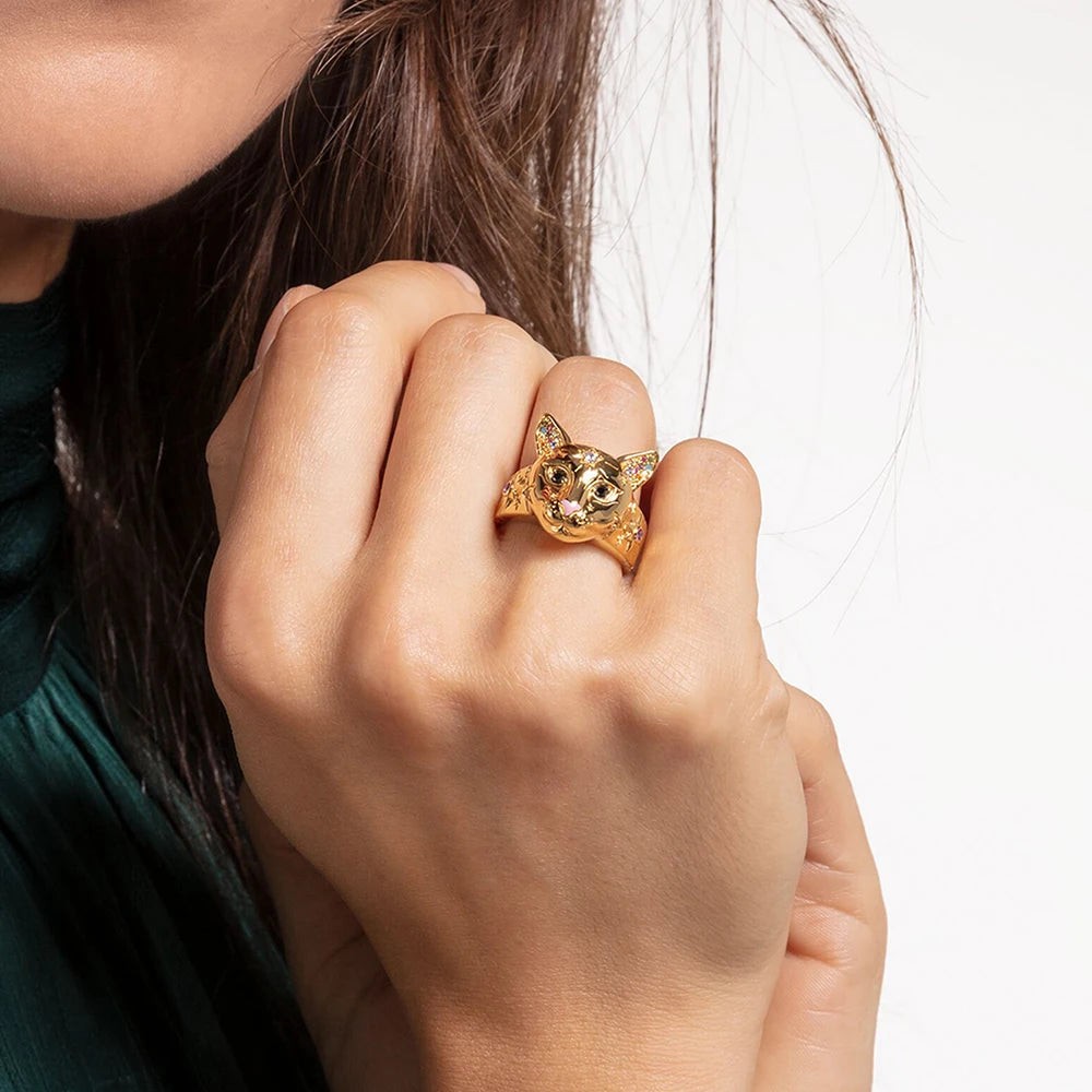 Damen-Ring Katze vergoldet Böhmen II aus Sterlingsilber