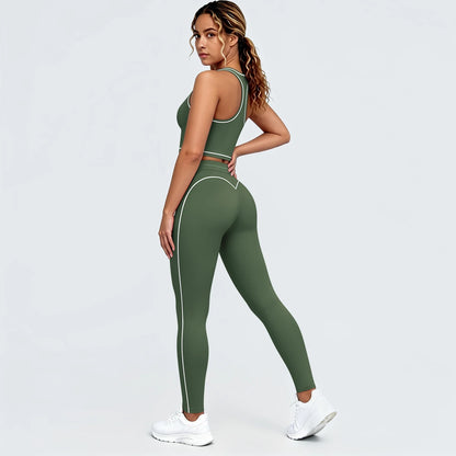Yoga-Set aus Sport-Top und Leggings, moosgrün, mit hellen Paspeln an Konturen