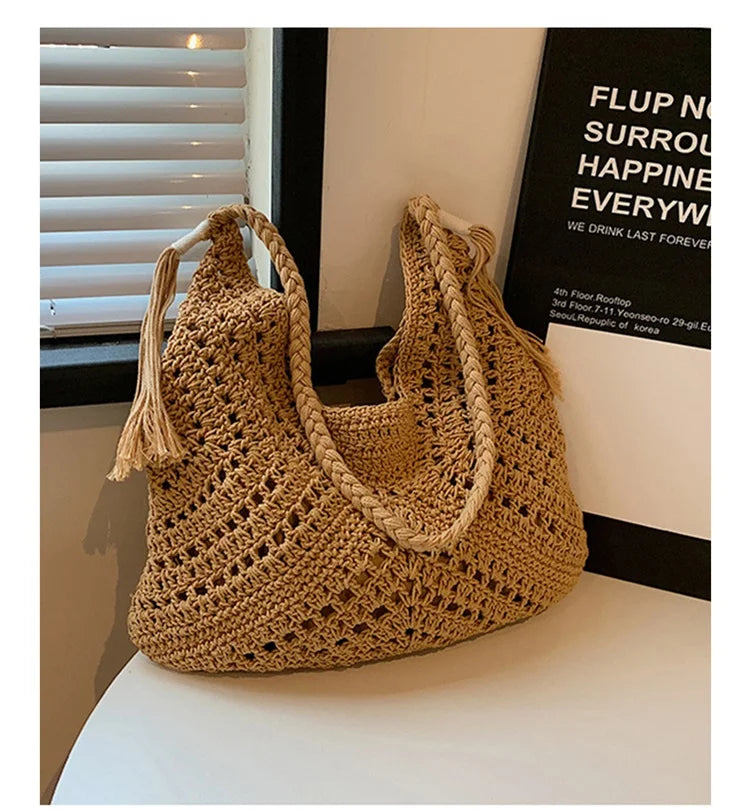 Damen Tote Bag Beach Woven Travel Shoulder Crossbody Purse