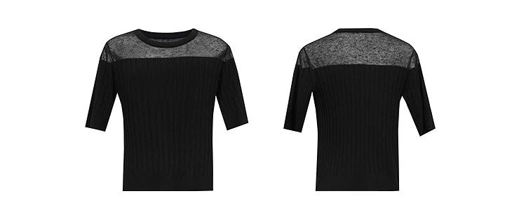 Schwarzer Strickpullover mit Rundhalsausschnitt, kurzarm, halbtransparenter Meshpart