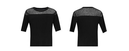 Schwarzer Strickpullover mit Rundhalsausschnitt, kurzarm, halbtransparenter Meshpart