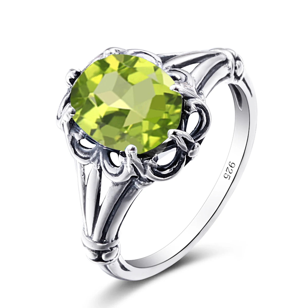 Damen-Ehering aus 925 Sterlingsilber im Vintage-Stil mit großem grünem Stein und verzierter Krone.