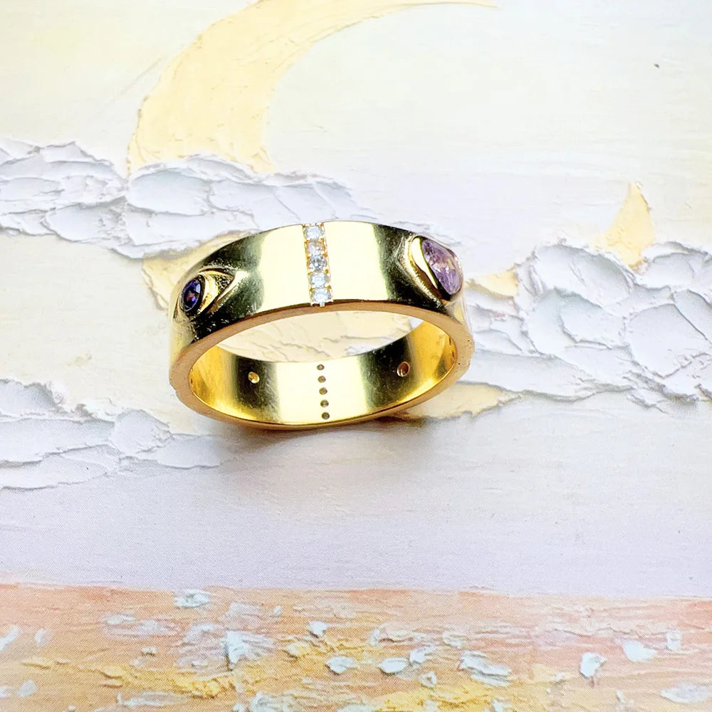 Damen-Ring kosmische Motive golden Talisman aus Sterlingsilber