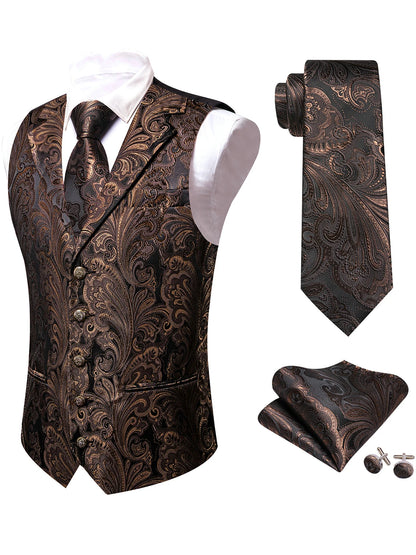 Set aus Herrenweste, Krawatte und Einstecktuch mit dunklem Paisley-Jacquard in Braun