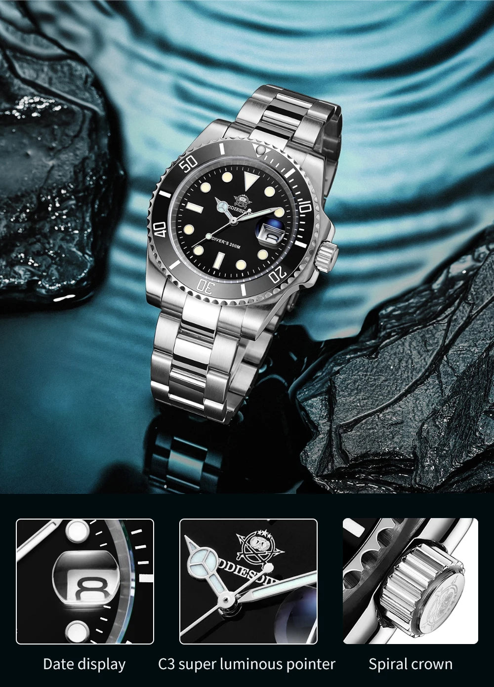 ADDIESDIVE TOP Men Classic Watch 316L Stainless Steel 200M Waterproof C3 Super Luminous Sport Luxury Quartz Watch Reloj Hombre