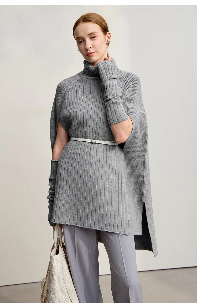 Damen-Rollkragenpullover Cape lang Raglan Streetwear Winter