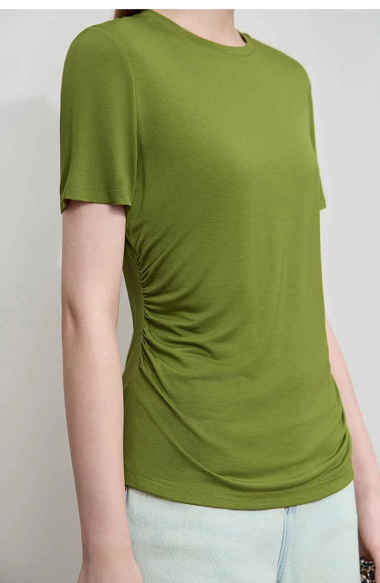 Damen Sommer-T-Shirt im minimalistischen Stil mit schmalem O-Ausschnitt und kurzen Ärmeln