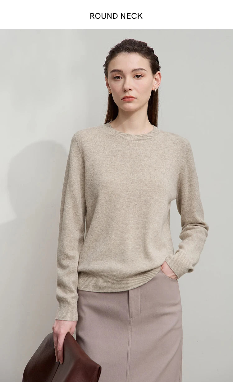 Damenpullover aus Strick, beiger Rundhalsausschnitt, lange Ärmel