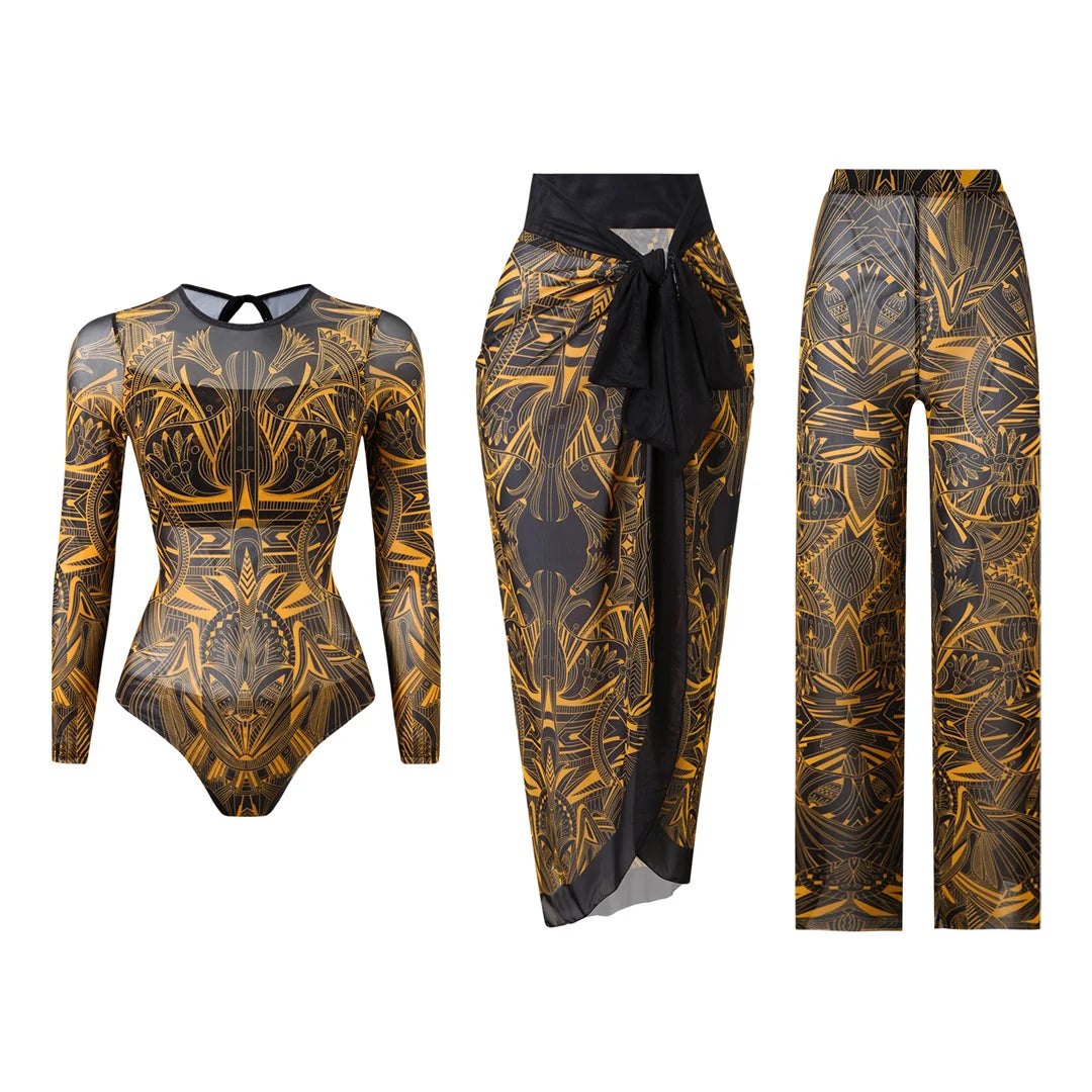 Damen-Badeanzug 3-teilig Print Langarm Sarong-Set gepolstert
