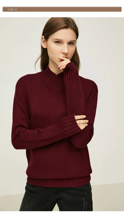 Damen-Pullover mit Stehkragen in weinrot, gerippter Kragen und Saum, Feinstrick