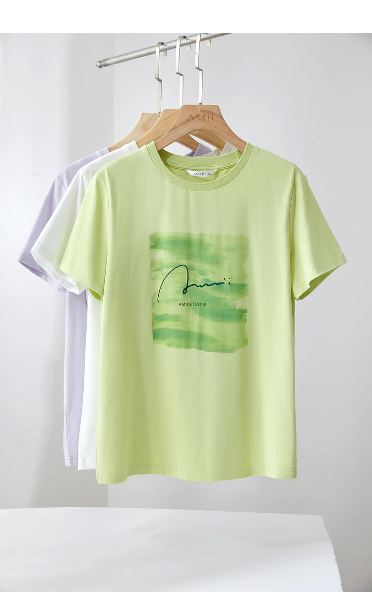 Damen T-Shirts im lässigen Minimalismus-Stil mit O-Ausschnitt und Stickerei