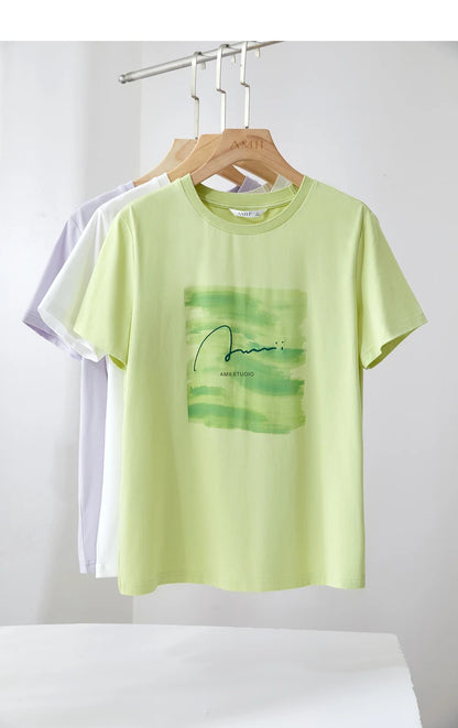 Damen T-Shirts im lässigen Minimalismus-Stil mit O-Ausschnitt und Stickerei