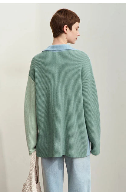 Damen V-Ausschnitt Pullover Patchwork Raglan locker Herbst-Winter