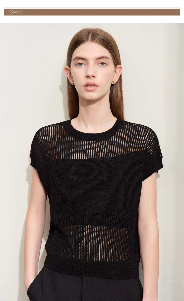 Damen-Wollstrickpullover, locker, O-Ausschnitt, kurze Ärmel, schwarz, durchbrochen