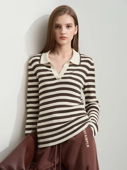 Damen V-Ausschnitt Pullover Streifen Stickerei Polo Kontrastfarben Herbst