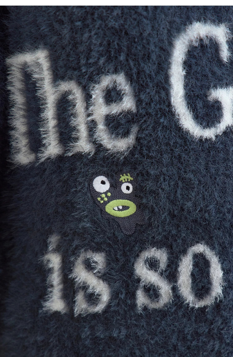 AMII Damenpullover, dunkelgrau, O-Ausschnitt, Schrift-Print und kleine Motiv-Patches