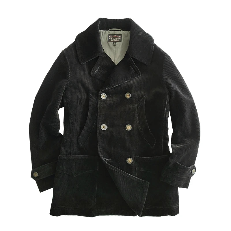 Männer Pea Coat im Vintage-Stil aus schwerem Material in Schwarz