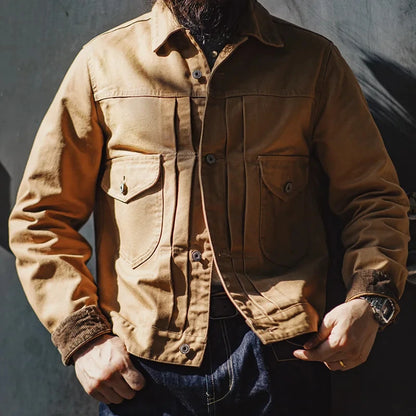 Herren Jeansjacke Vintage schwere Canvas Rancherjacken mit Kragen und Taschen