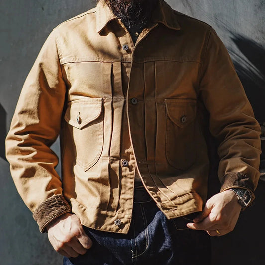Herren Jeansjacke Vintage schwere Canvas Rancherjacken mit Kragen und Taschen