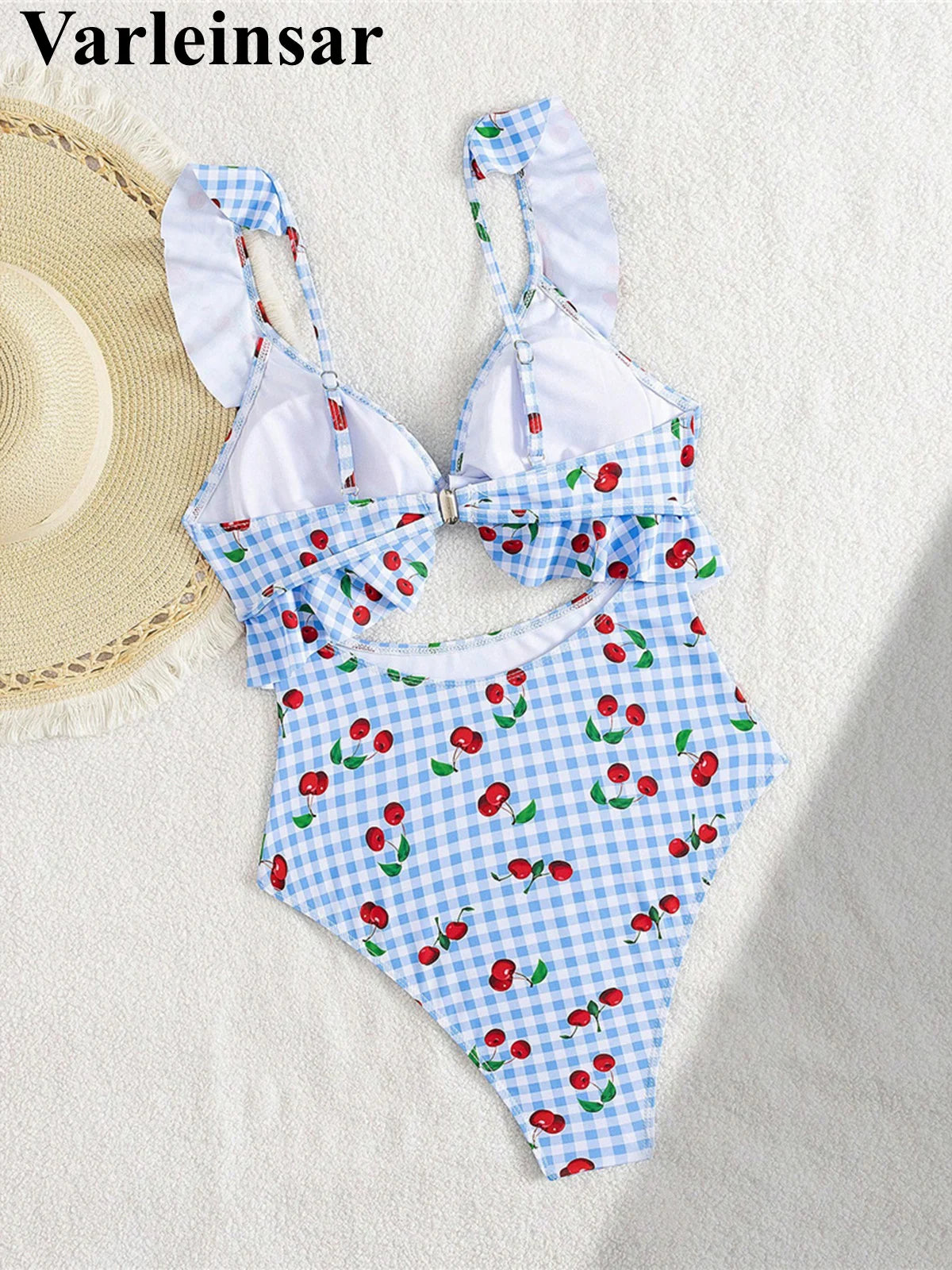Damen Badeanzug Kirschen Karo Cut-Out Rüschen hoher Beinausschnitt Monokini