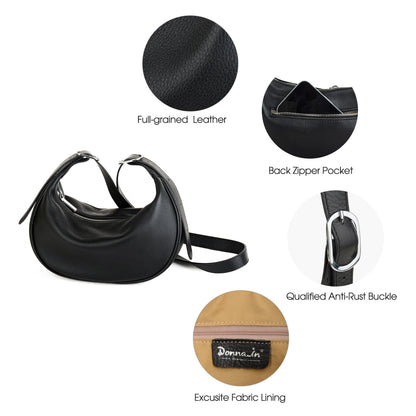 Damen Vollkornleder Hobo Tasche Schwarz | Halbmond-Crossbody