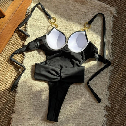Damen Badeanzug Neckholder Gürtel Bügel Monokini Mini Tanga hoher Beinausschnitt
