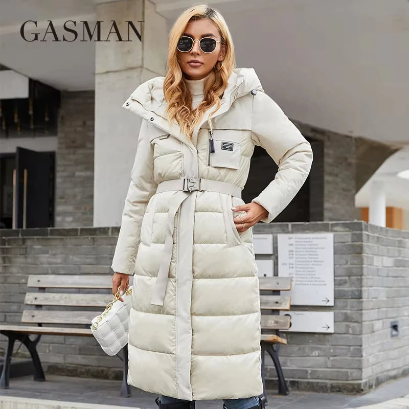 Lange Damen-Daunenjacke mit Reißverschluss, großen Taschen und Stehkragen – Kapuzenparka im klassischen Design