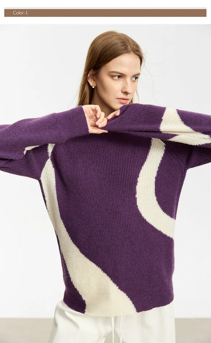 Damen-Rundhalspullover Wolle Yak asymmetrisch Patchwork locker Winter