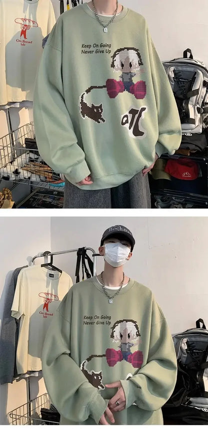 Japanischer Vintage-Pullover mit Fleece, Rundhalsausschnitt und Print – Lässiger Langarm-Hoodie für Herren im Winter.