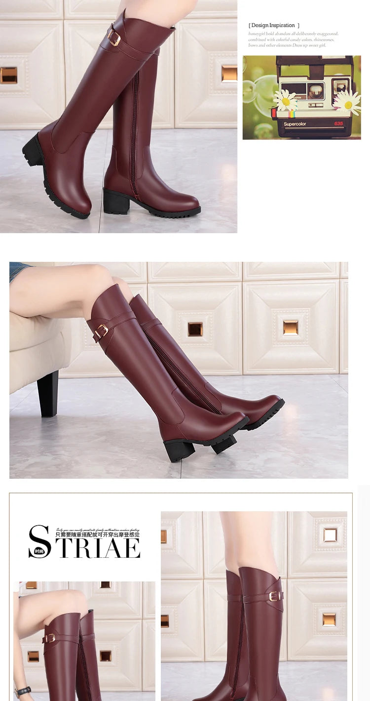Damen-Reitstiefel aus Leder, hoher Blockabsatz, runde Spitze, dunkelrot mit Schnalle