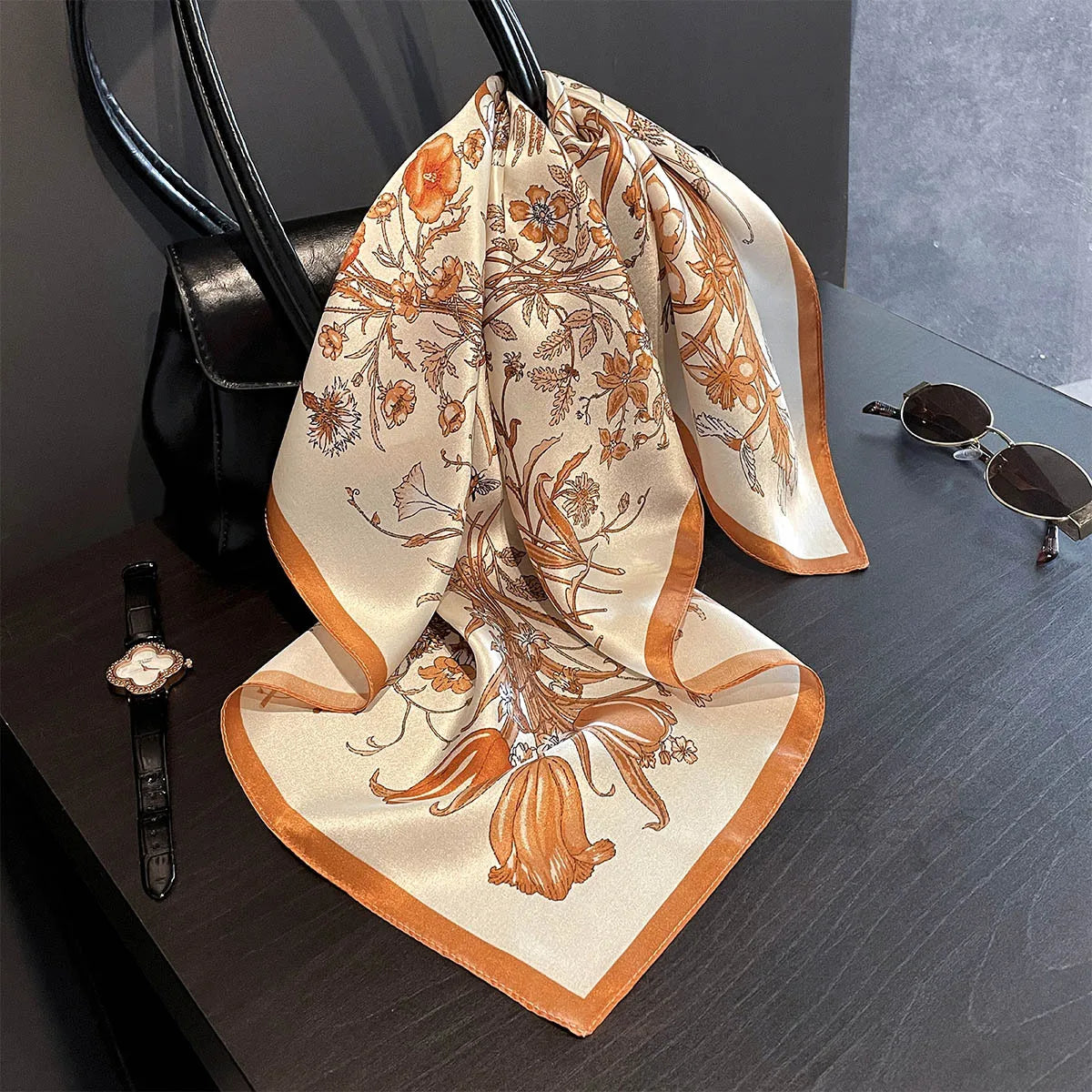 Damen Seidenschal 53cm quadratisch Blumenprint Luxus Hijab Bandana J
