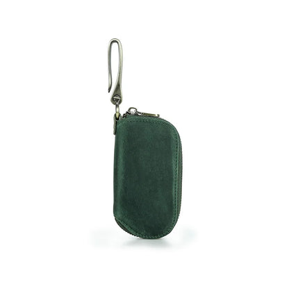 Schlüsselhalter aus echtem Leder, dunkelgrün, mit Metallhaken und Reißverschluss