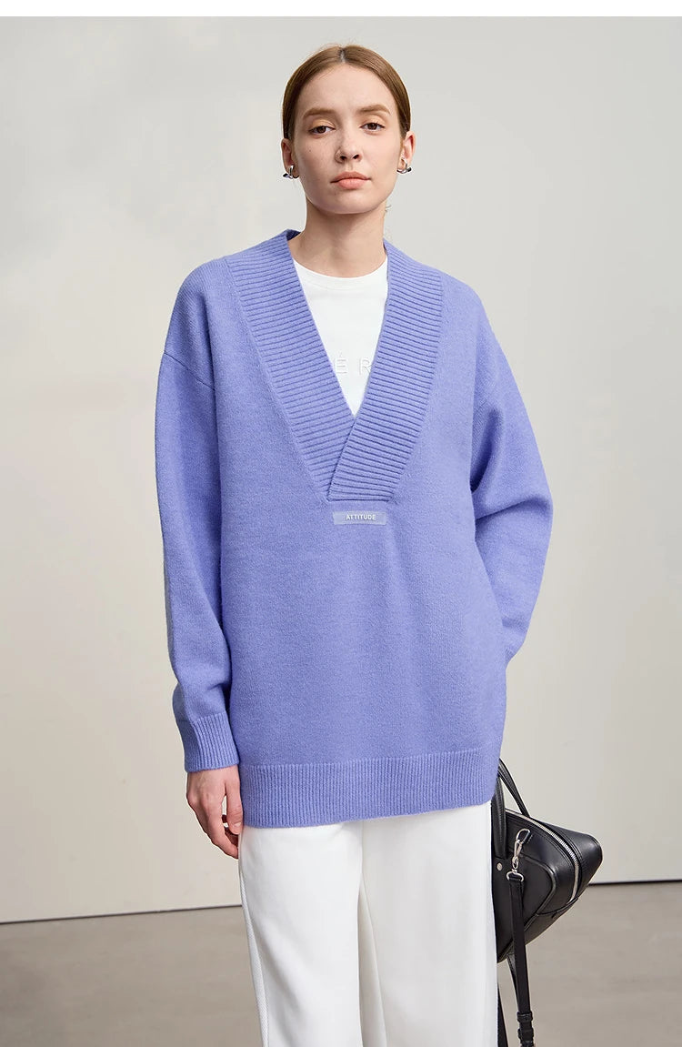 Lavendelfarbener Damen-Strickpullover mit V-Ausschnitt, lockerem Schnitt