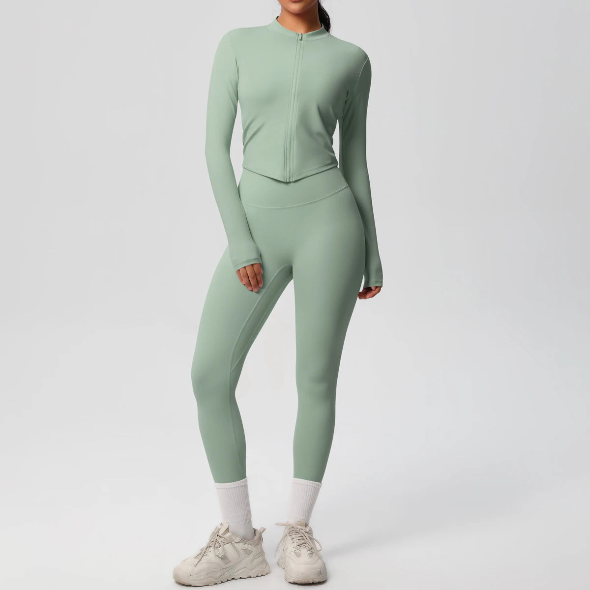 Damen Yoga-Set 2-teilig, mintgrünes Langarmshirt mit Reißverschluss und Leggings