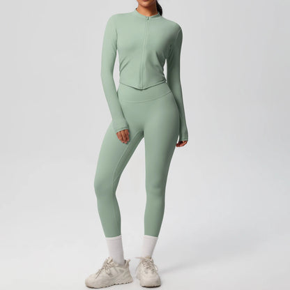 Damen Yoga-Set 2-teilig, mintgrünes Langarmshirt mit Reißverschluss und Leggings