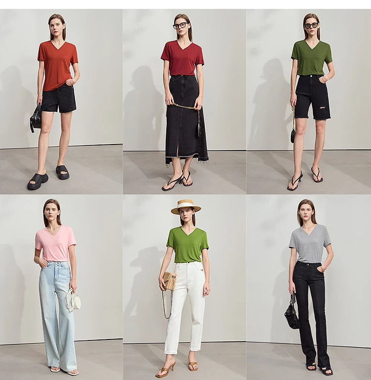 Damen T-Shirt im minimalistischen Casual-Stil mit V-Ausschnitt und kurzen Ärmeln