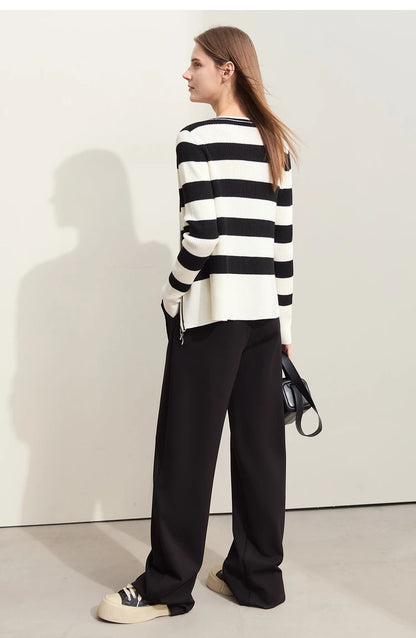 Damen-Strickjacke Kaschmir-Wolle Slim Streifen Reißverschluss Herbst