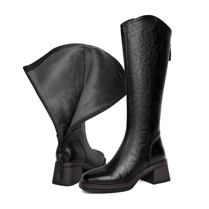 Women Winter Boots Genuine Leather Natural Wool Warm Female Knight Boots Square Toe Back Zipper Western Cowboy Boots Women