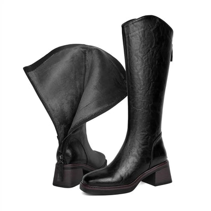 Women Winter Boots Genuine Leather Natural Wool Warm Female Knight Boots Square Toe Back Zipper Western Cowboy Boots Women