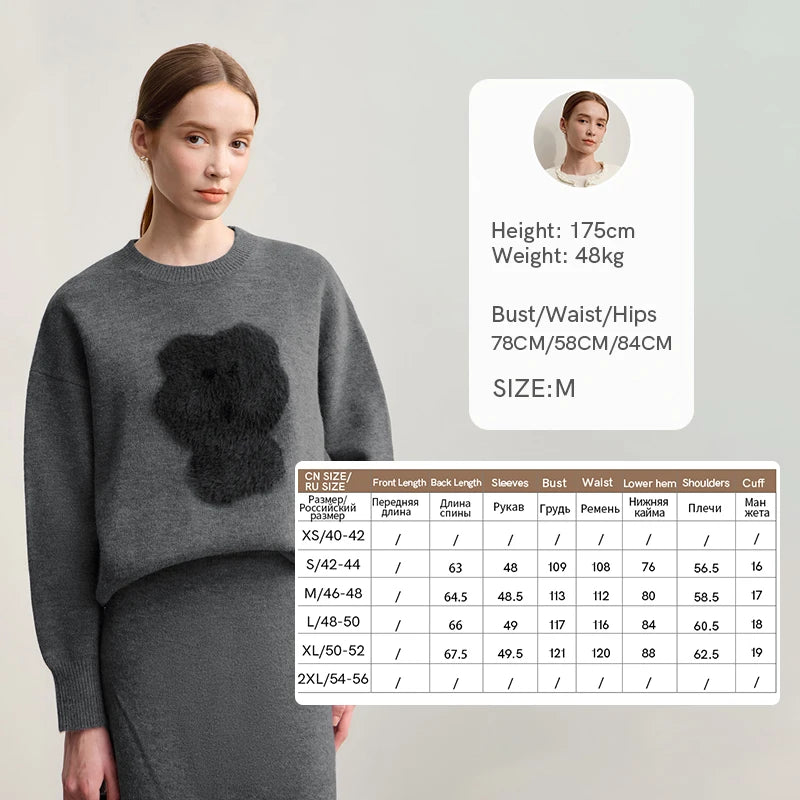 Dunkelgrauer Damenpullover mit rundem Halsausschnitt und schwarzem Jacquard-Tiermotiv