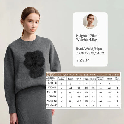 Dunkelgrauer Damenpullover mit rundem Halsausschnitt und schwarzem Jacquard-Tiermotiv