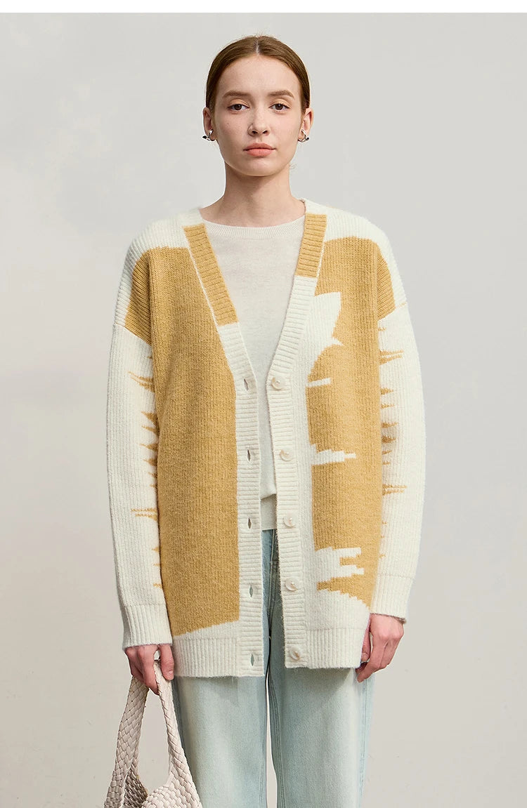 Damen V-Ausschnitt Cardigan lang Patchwork Wolle-Mix Winter