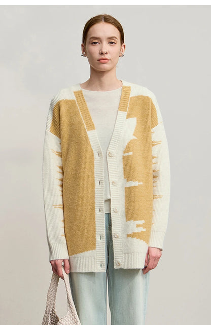Damen V-Ausschnitt Cardigan lang Patchwork Wolle-Mix Winter